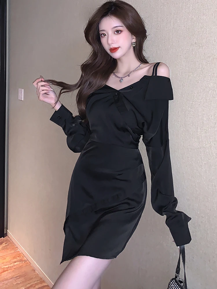 

Осенне-зимнее черное шикарное сексуальное Клубное платье на бретельках с длинным рукавом женское корейское винтажное платье Хепберн 2023 элегантное женское платье