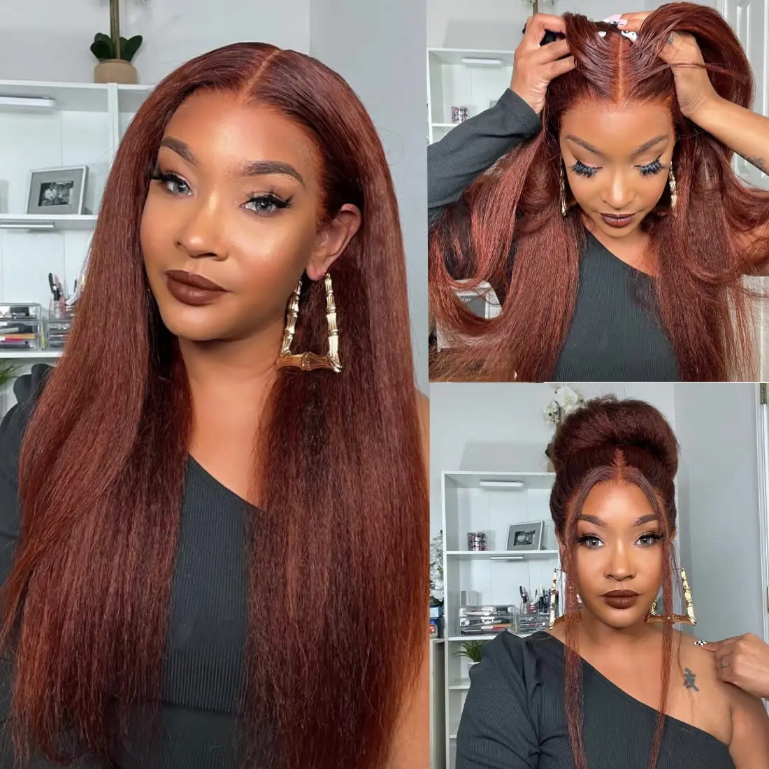 Reddish Brown Kinky Straight Lace Front Wig Pre Plucked Copper Color Kinky Yaki Straight 13x4 T Part Lace Frontal Glueless Wig
Reddish Brown Kinky Straight Lace Front Wig Pre Plucked Copper Color Kinky Yaki Straight 13x4 T Part Lace Frontal Glueless Wig