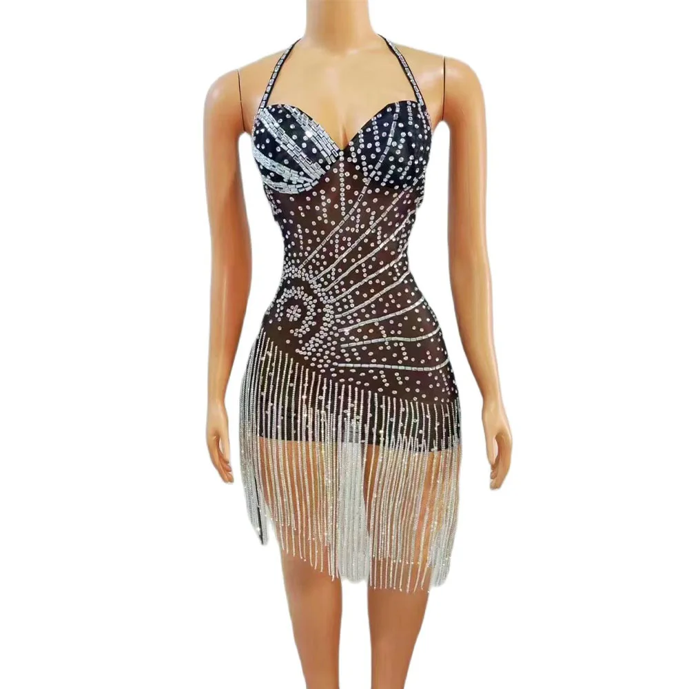 Women Sexy Silver Rhinestones Chain Fringes Transparent Black Short Dress Evening Dance Dress Birthday Celebrate Club Costume
Women Sexy Silver Rhinestones Chain Fringes Transparent Black Short Dress Evening Dance Dress Birthday Celebrate Club Costume