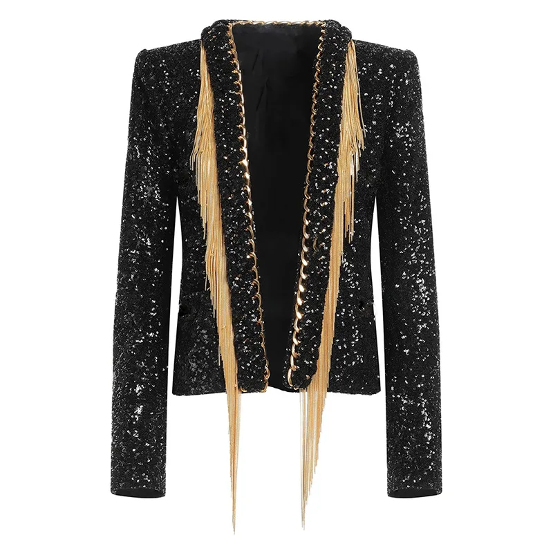 

Loehsao Brand Elegant Fashion Blazers Women Suits Autumn WinterHeavy Industry Tassel Chain Sequin Cardigan Black Short Jacket