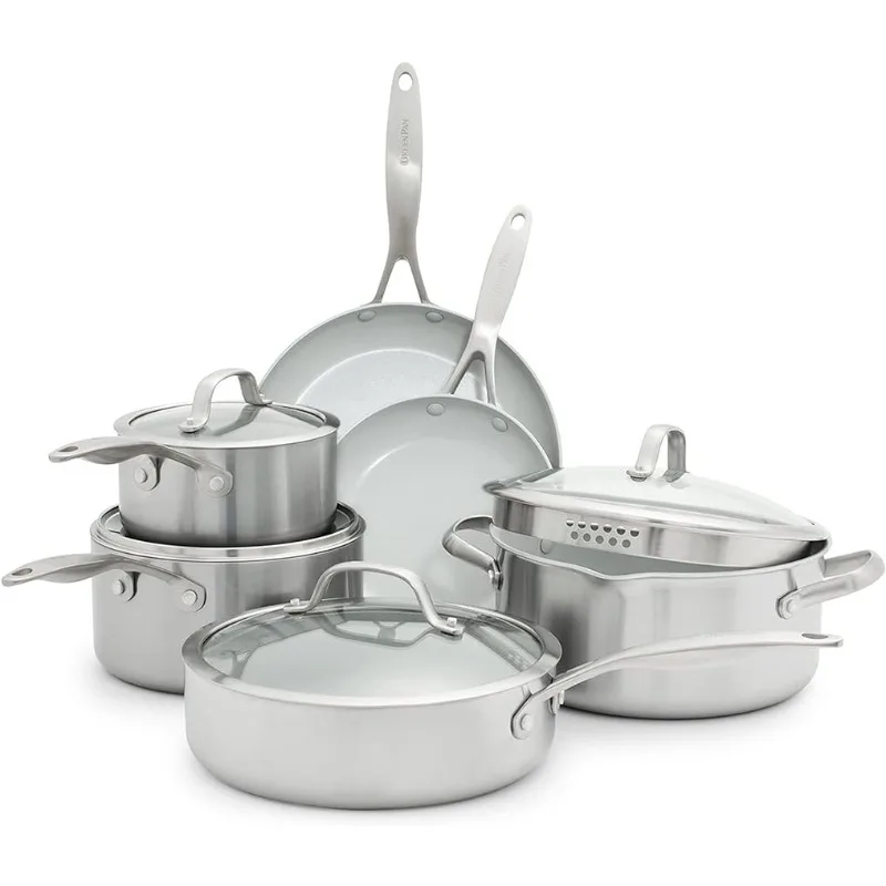 

Tri-Ply Stainless Steel Healthy Ceramic Nonstick 10 Piece Cookware Pots and Pans Set, PFAS-Free, Multi Clad, Induction