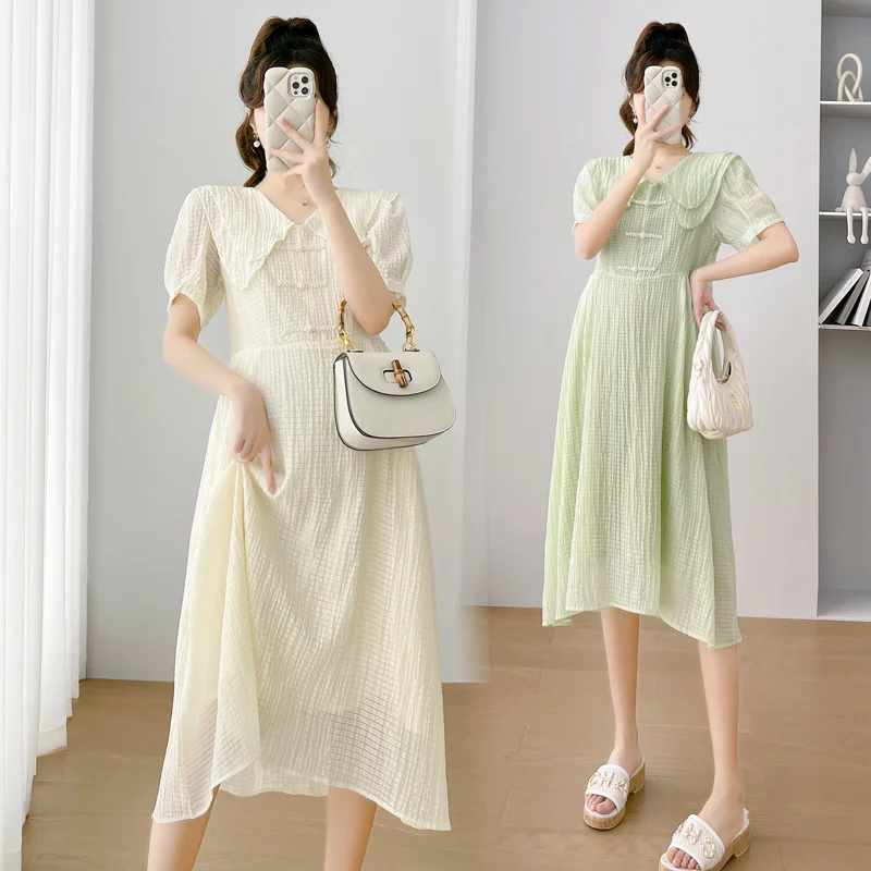 

2023 Summer Plus Size Pregnant Women's Chiffon Dress Short Sleeve Turn-down Collar Maternity Dobby Dress Pregnancy Party Dresses