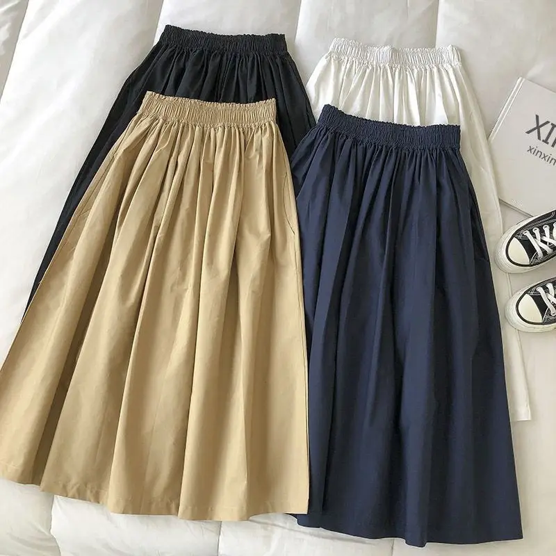 

Summer Female Simplicity Casual Elastic High Waist A-Line Skirt 2023 Fashion All-match Solid Color Loose Skirt Women's Clothing