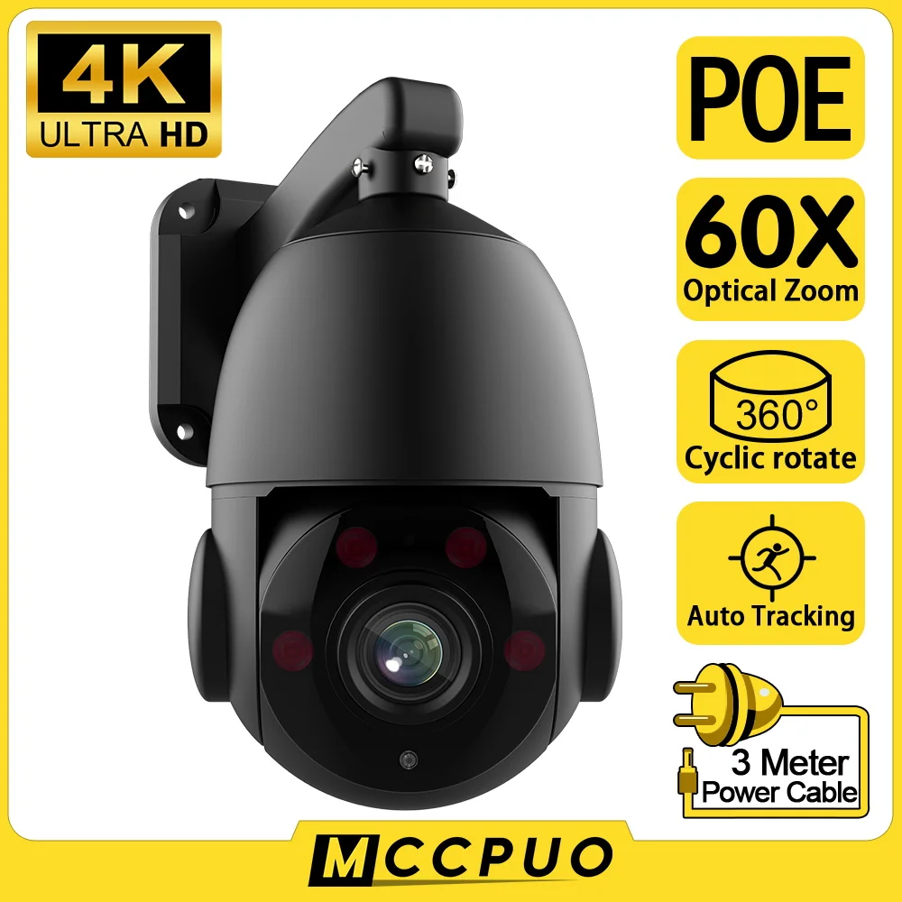 

Mccpuo 4K 8MP Metal IP Camera 360° Rotation 60X Optical Zoom Auto Tracking CCTV Surveillance POE RJ45 Camera 120M Night Vision