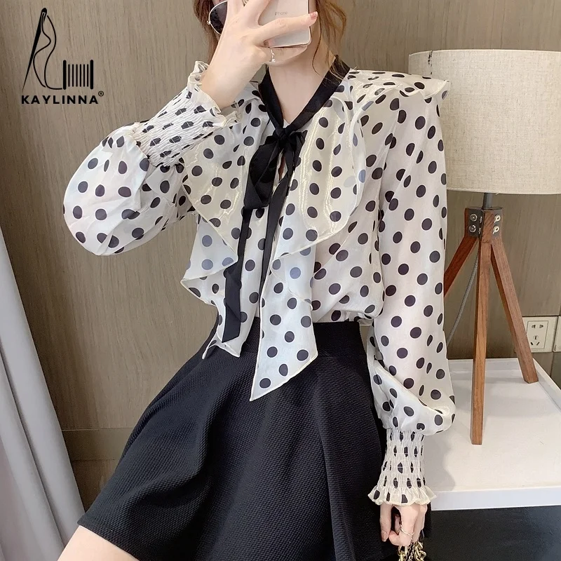 

Design sense led by lotus leaf chiffon shirt, lantern sleeve, foreign style, polka dot, niche shirt, women's autumn clothing