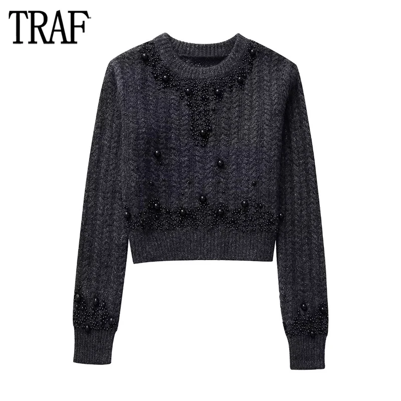 

TRAF Faux Pearls Short Sweaters for Women Pullover Knitted Sweater Woman 2023 Long Sleeve Cropped Sweater Women New Knitwears