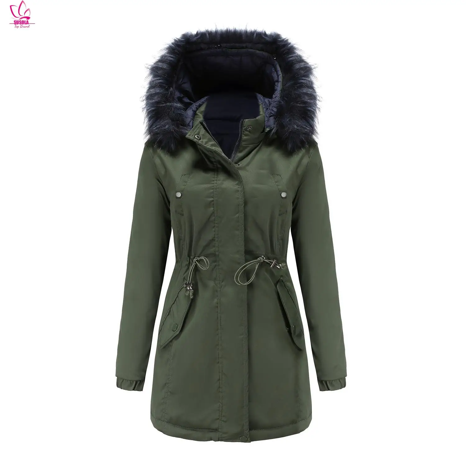 

SUSOLA Women's Cotton Jacket Reversible Detachable Faux Fur Collar and Detachable Hood Padded Parka Coat for Women Winter