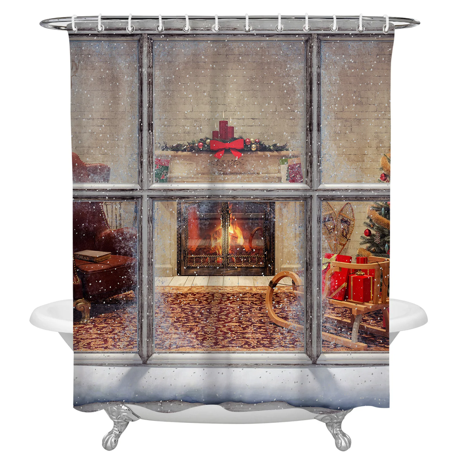 

Christmas Window Gift Box Fireplace Waterproof Shower Curtain Bathroom Fabric Polyester Shower Curtains Bath Decor Curtain