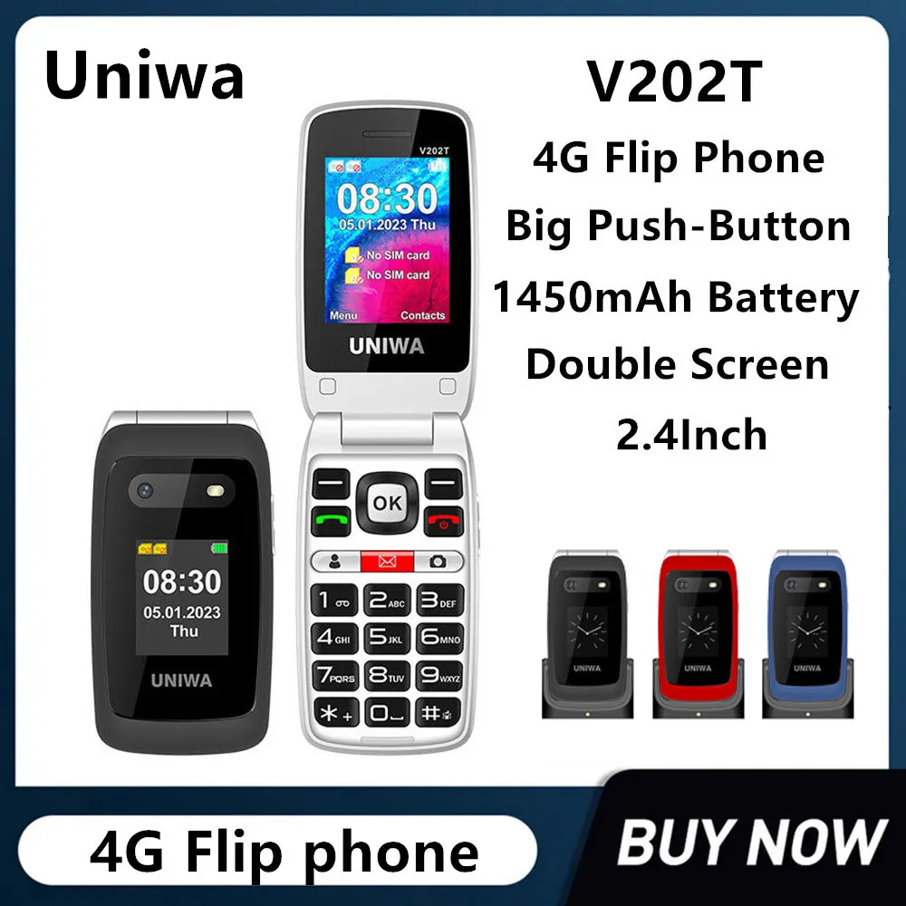 

UNIWA V202T 4G Feature Phone Dual Screen Big Push-Button Flip Mobile Phone for Elderly 1450mAh Battery Emergency Call Button