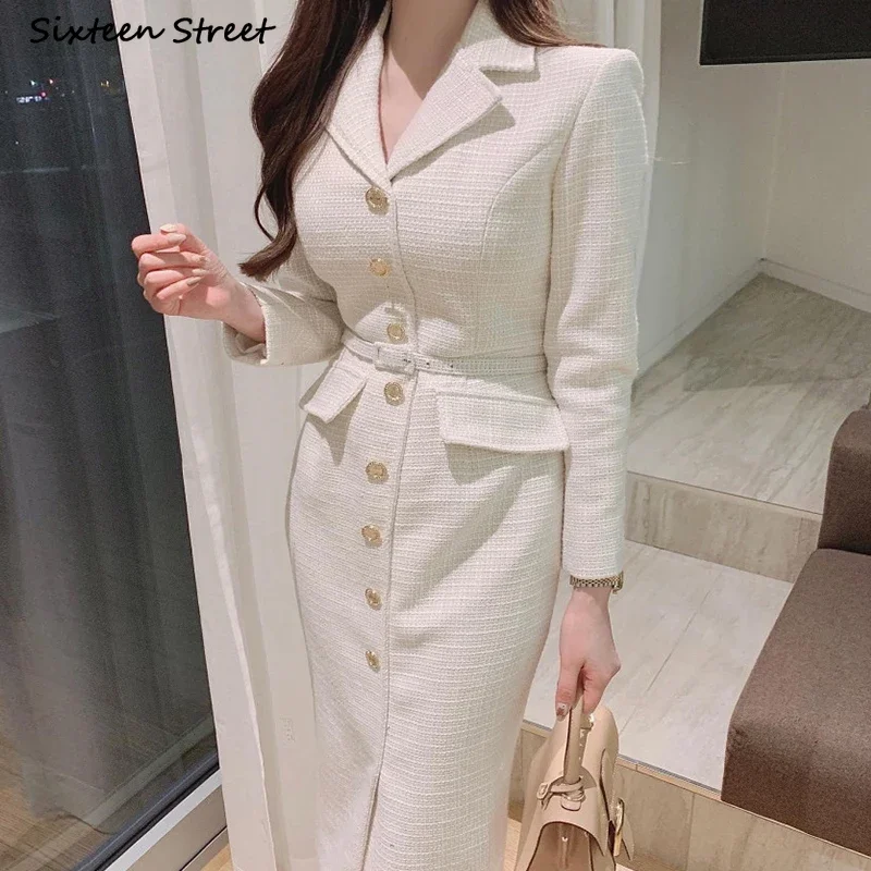 

White Long Tweed Dress Women Golden Button Winter Turn-down Elegant Woolen Blend Dress Ladies Business OL Vestidos