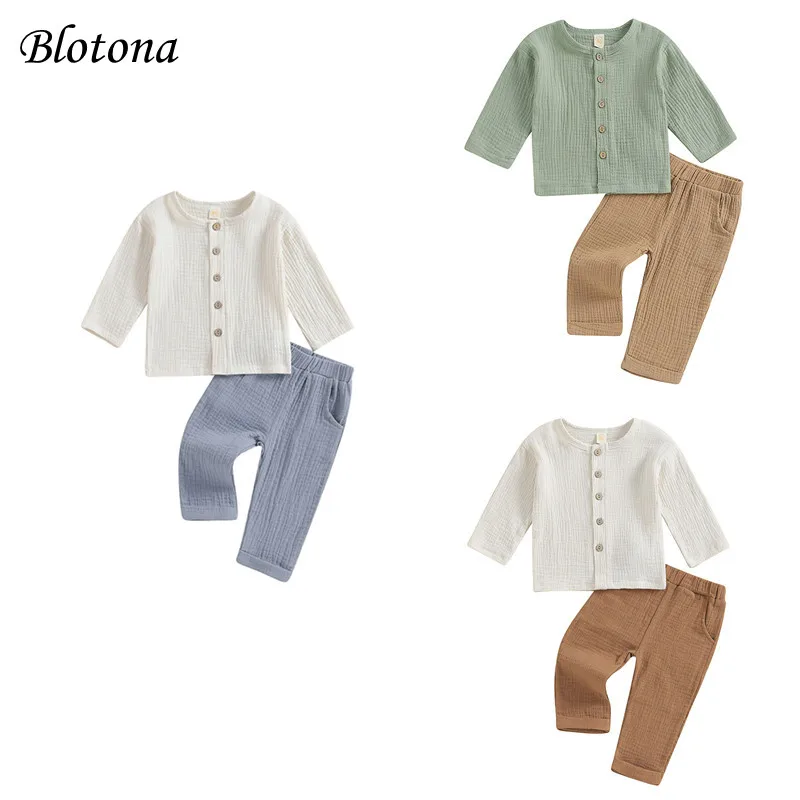 

Blotona Baby Kids Boys 2-piece Outfit, Button Down Long Sleeve T-shirt with Long Pants Spring Fall Outfit 6Months-4Years