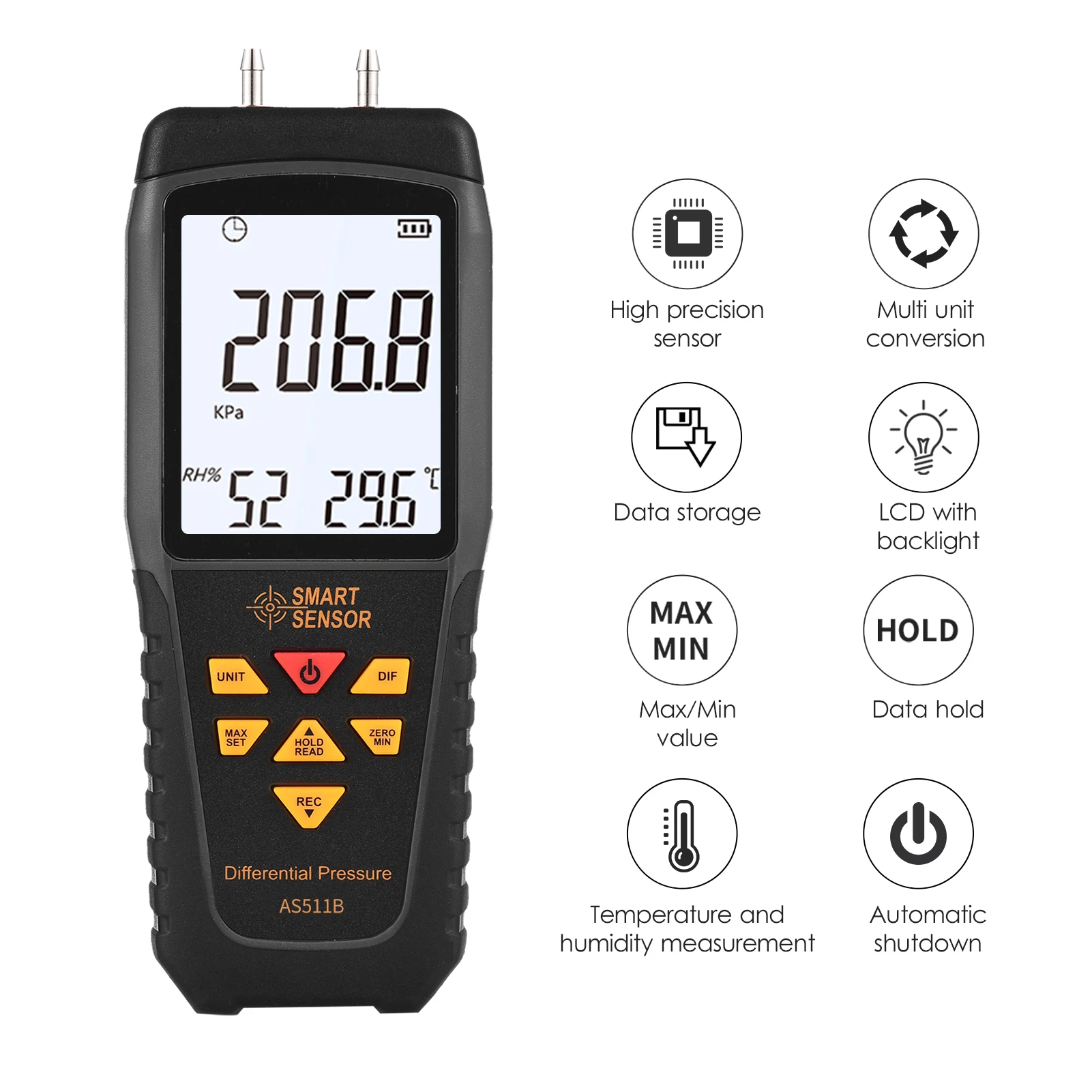 SMART SENSOR AS511B Digital Differential Pressure Gauge -206.8~206.8KPA Manometer Dual Port Air Gas Pressure Tester LCD Display
SMART SENSOR AS511B Digital Differential Pressure Gauge -206.8~206.8KPA Manometer Dual Port Air Gas Pressure Tester LCD Display