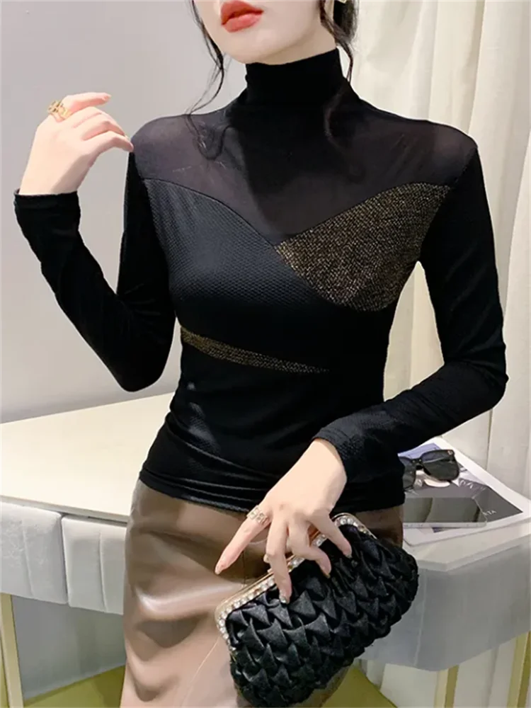 

Spliced Women's T-shirt Mesh Patchwork T-shirt Women Tshirts High Neck Long Sleeved Woman Blous Bottom Top OL chic Temale Tees