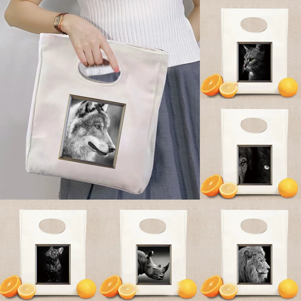 

Animal Series Printing Pattern Thermal Insulation Bento Lunchbox Picnic Diner Lunch White Bag Canvas Bags Food Storage Handbag