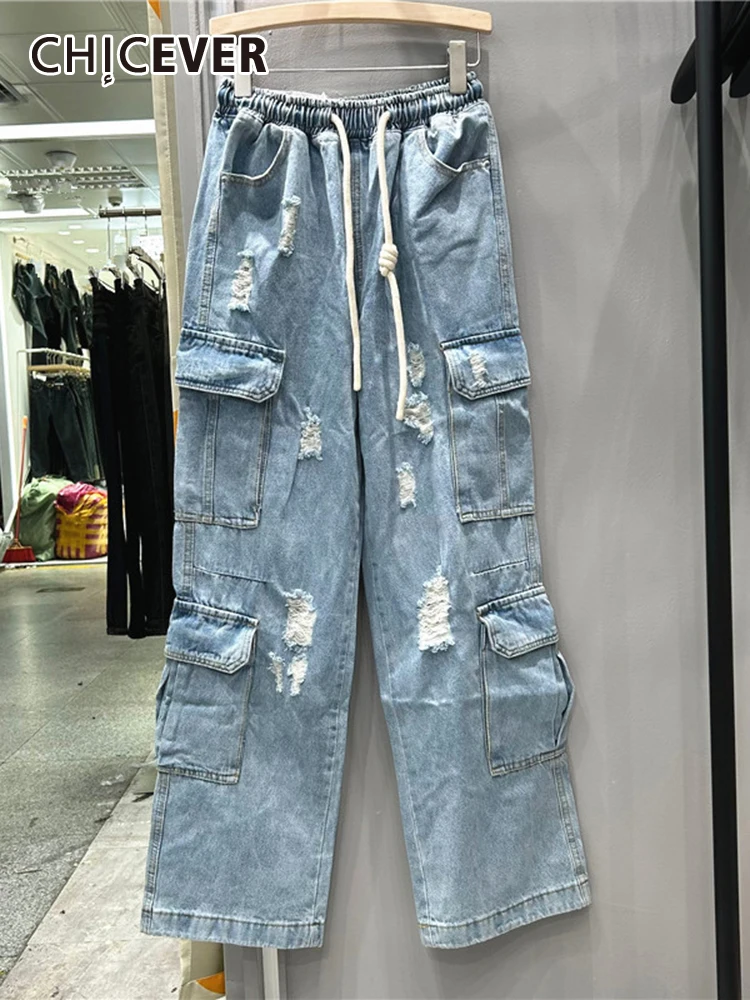 CHICEVER Streetwear Ripped Cargo Trousers For Women High Waist Patchwork Drawstring Fashion Loose Denim Straight Pants Female
CHICEVER Streetwear Ripped Cargo Trousers For Women High Waist Patchwork Drawstring Fashion Loose Denim Straight Pants Female