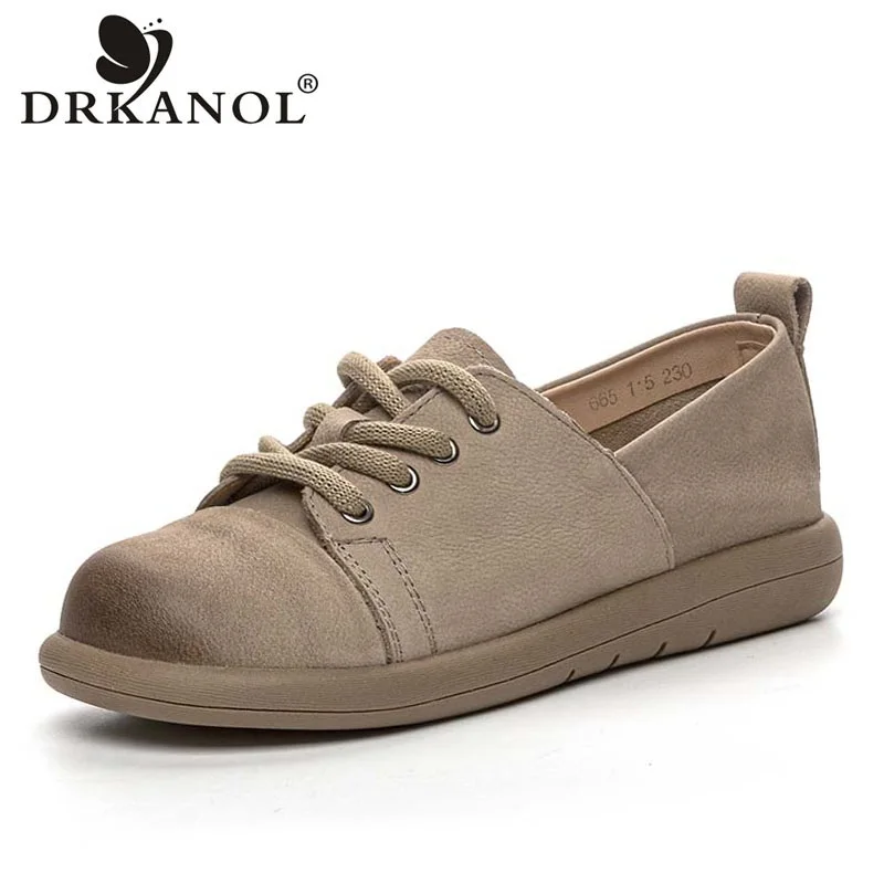 

DRKANOL Literary Style Women Flat Shoes Handmade Retro Genuine Cow Leather Round Toe Shallow Soft Comfort Casual Single Shoes