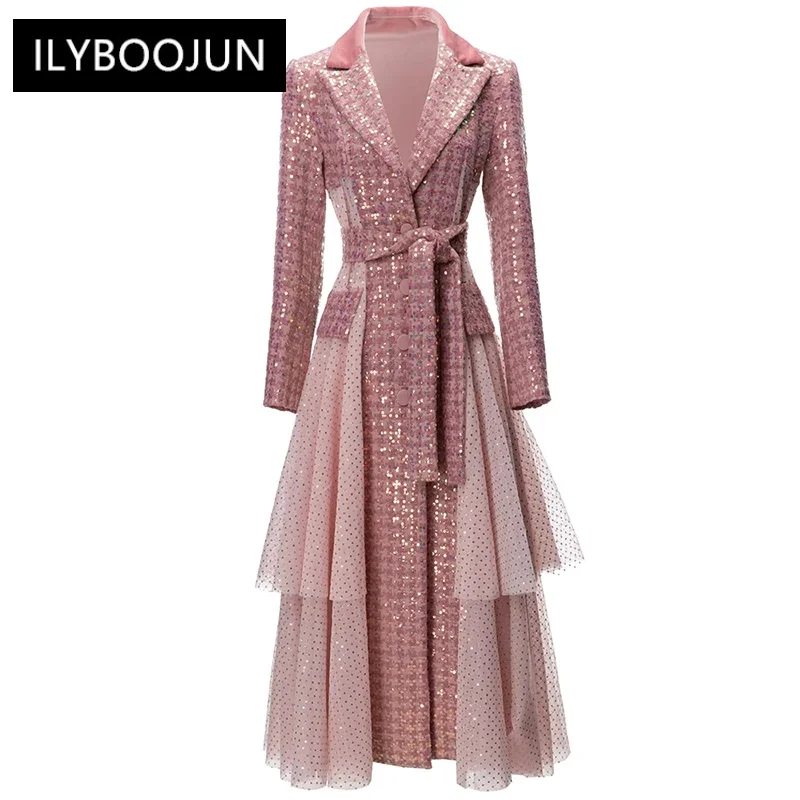 

Fashion Winter Sequins Plaid Tweed Coat Women Long Sleeve Belt Mesh Patchwork High Street Single Breasted Outerwear