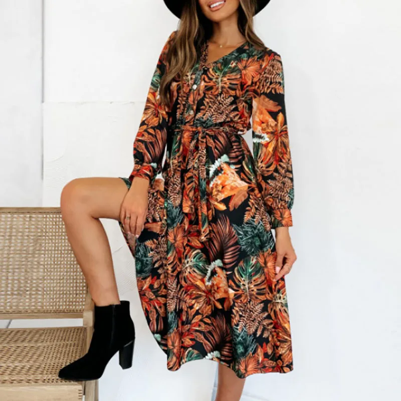 Autumn Elegant V-neck Single-breasted Midi Dress Women Fashion Pattern Print Party Dress Spring Casual Long Sleeve Lace-up Dress
Autumn Elegant V-neck Single-breasted Midi Dress Women Fashion Pattern Print Party Dress Spring Casual Long Sleeve Lace-up Dress
