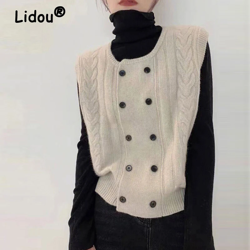 

Women Vintage Simple Casual Streetwear Sleeveless Double Breasted Knitted Sweater Vest Y2K Trendy Twist Loose Outewear Waistcoat