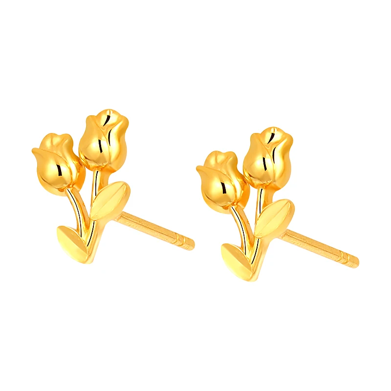

New 999 24K Yellow Gold Earrings Women Flower Stud Earrings