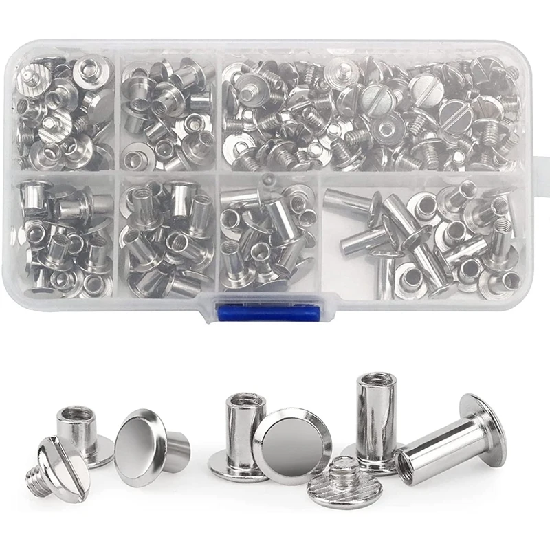 

90 Sets Chicago Screws Assorted Kit, 6 Sizes Of Round Flat Head Leather Rivets Metal Screw Studs For DIY Leather Craft