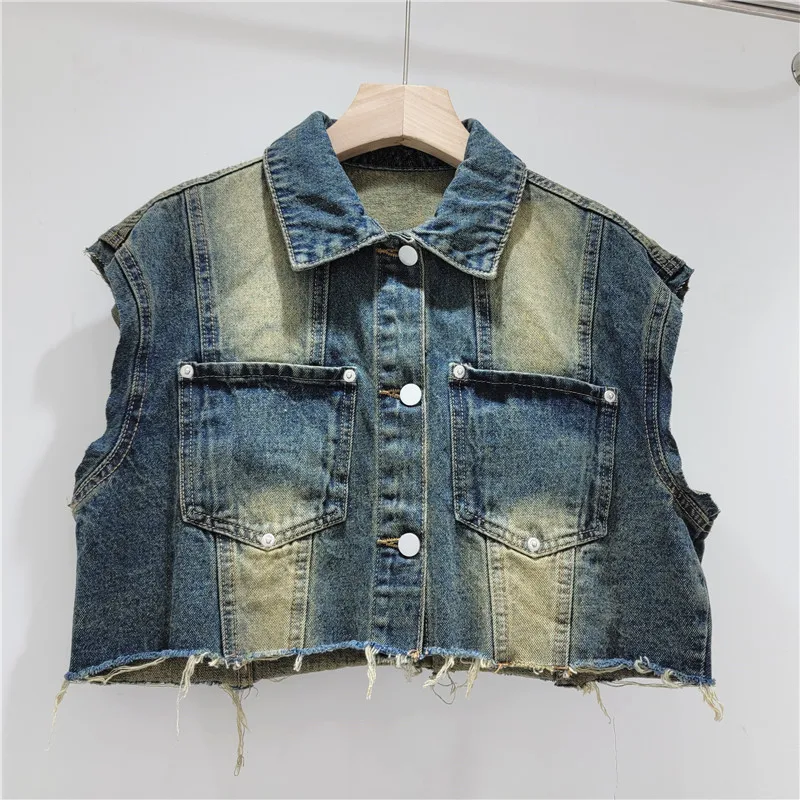 

Spring Summer New Vintage Denim Vest Women Loose Big Pocket Frayed Burrs Short Sleeveless Cowboy Waistcoat Casual Female Coat