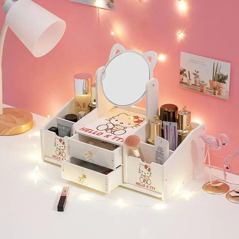 

Sanrios Hello Kitty Dressing Table Anime Home Makeup Mirror Cute Multifunctional Storage Box Cartoon Beauty Mirror Girl Gift