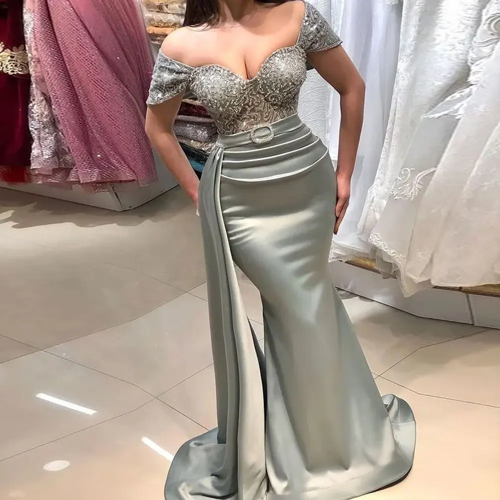 

2024 Arabic Grey Mermaid Sexy Evening Dresses Lace Beaded Satin Prom Gowns Aso Ebi Formal Party Second Reception Gowns Plus Size