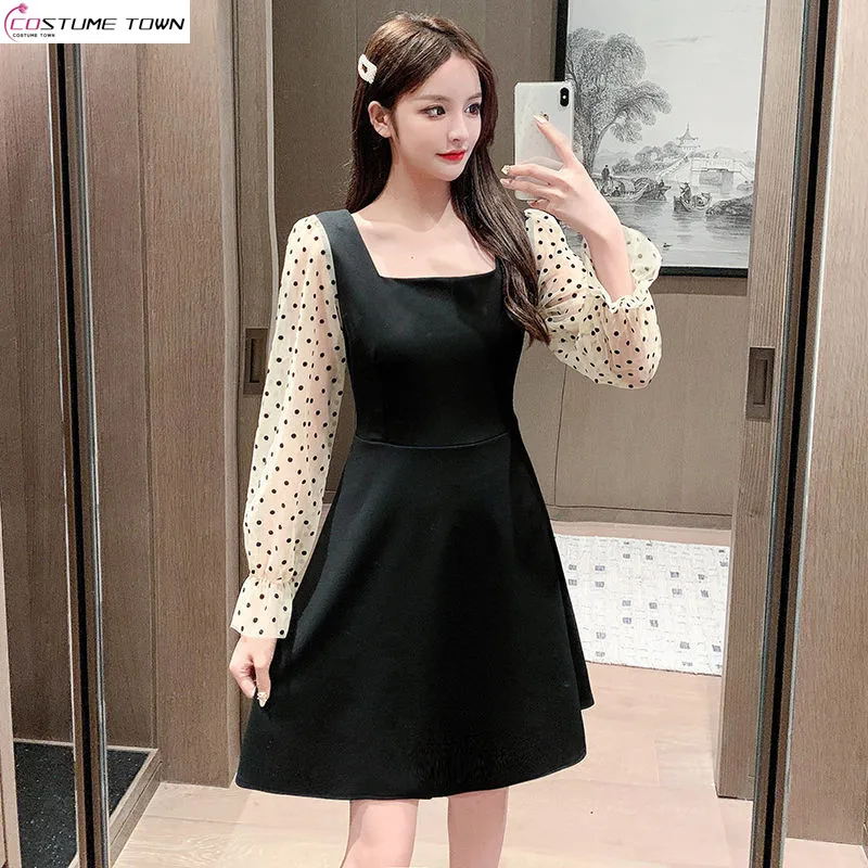 

2024 Spring/Summer Korean Edition New Polka Dot Mesh Spliced Long Sleeved Dress Elegant Square Neck Small Black Skirt