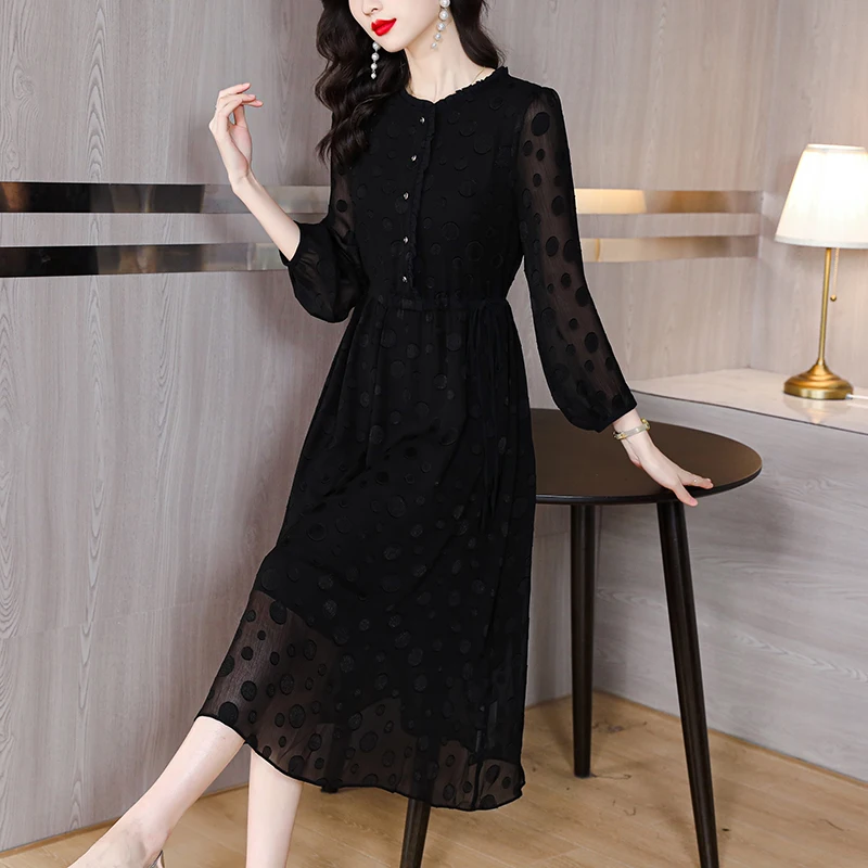 

Black Polka Dots Floral Printed Dress Fashion Casual Women Dress Long Sleeve A-line High Waist O-Neck Long Dress