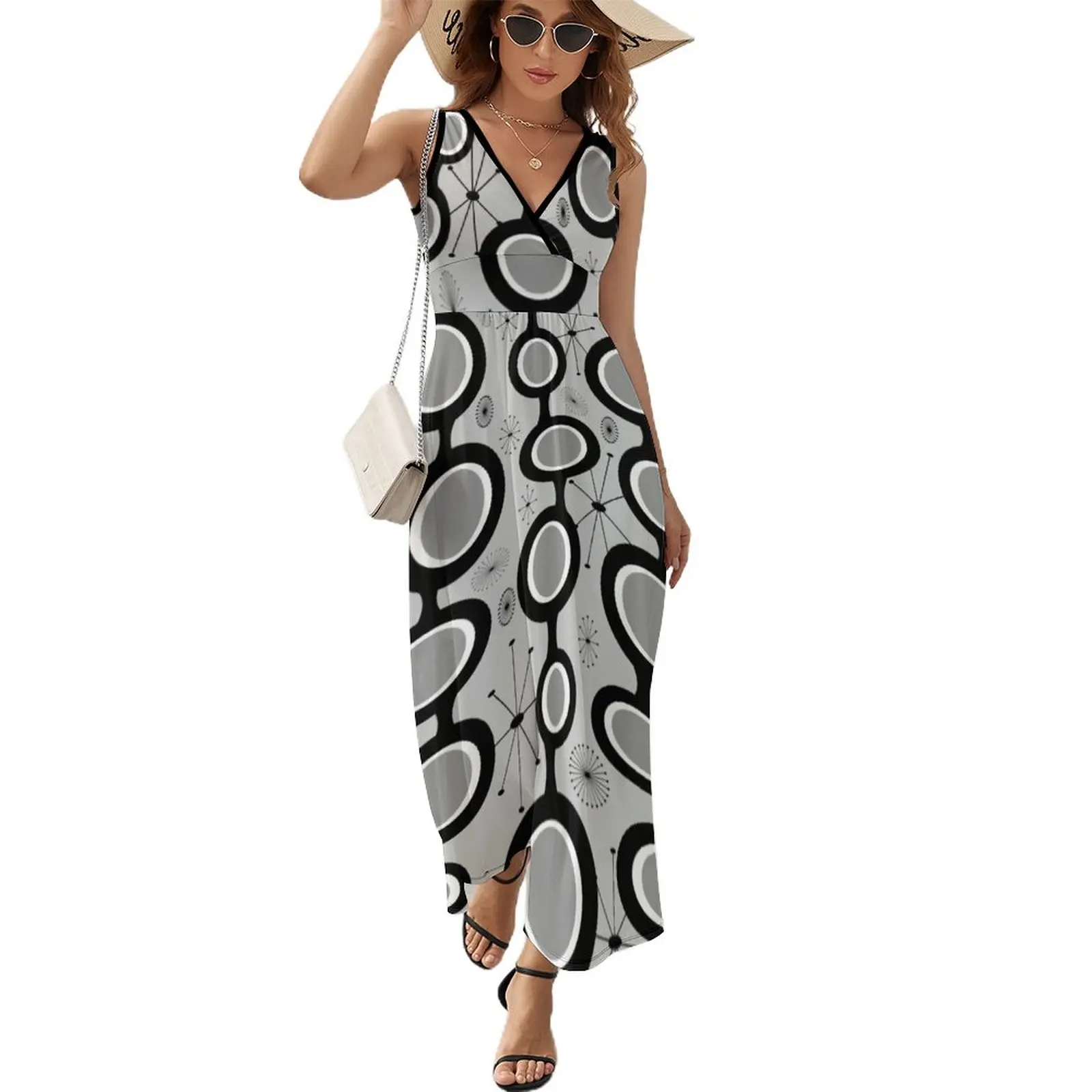 

Gray Atomic Age Art - Mid Century Modern in Black & White Sleeveless Dress Bridesmaid dress woman women's luxury party dress