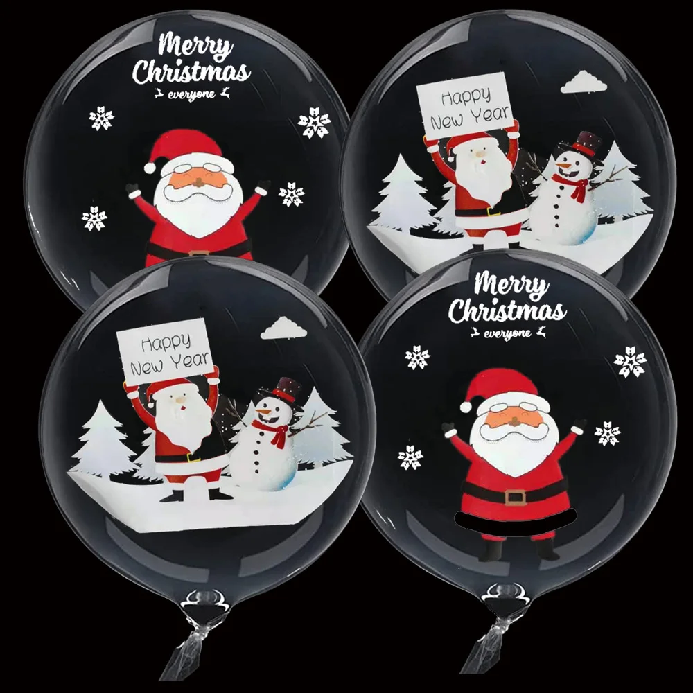 

10Pcs 20Inch Merry Christmas Printed Bobo Balloon Clear Balloon Happy New Year Xmas Tree Santa Claus Transparent Bubble Ballon