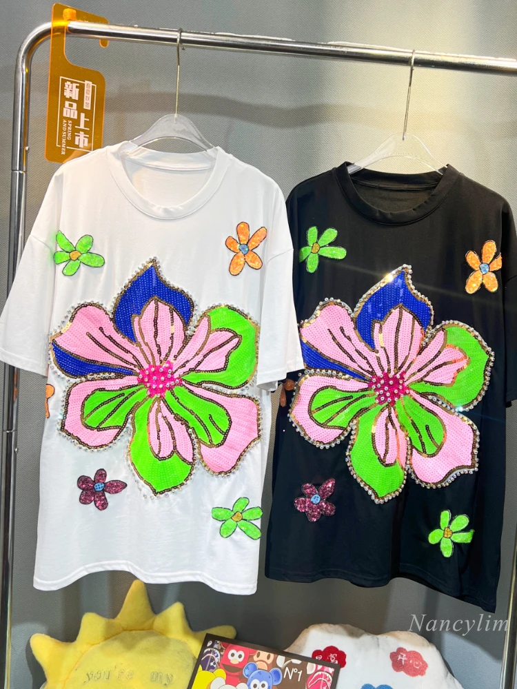 

2024 Summer New Heavy Industry Rhinestone Sequined Flower Top Women's Loose Mid-Length T-Shirt Large Size Tops