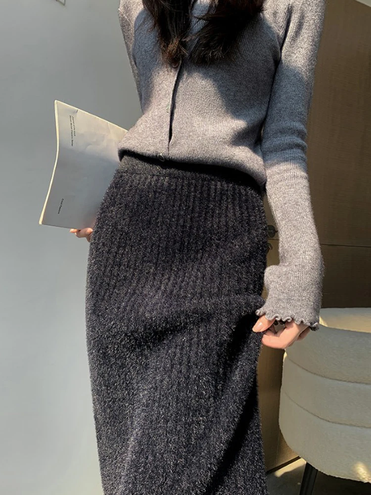 

Thickened Mink Knitted Skirt Women's Autumn Winter 2023 New High-waisted Slit Wrap Hip Skirt Straight One-step Long Skirt