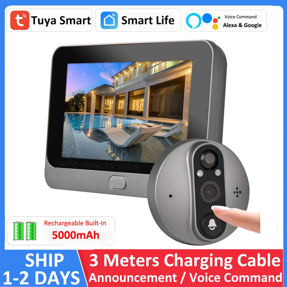 Smart Tuya 1080P WiFi Door Bell Eye Peephole Camera 5000mAh Audio 4.3' PIR FHD Infrared Alexa Google Announcement Digital Viewer
Smart Tuya 1080P WiFi Door Bell Eye Peephole Camera 5000mAh Audio 4.3' PIR FHD Infrared Alexa Google Announcement Digital Viewer