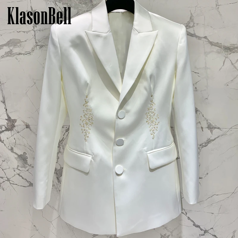 

3.14 KlasonBell Acetate Satin Handmade Beading Single Breasted Jacket Ladies Elegant Three-dimensional Collect Waist Blazer
