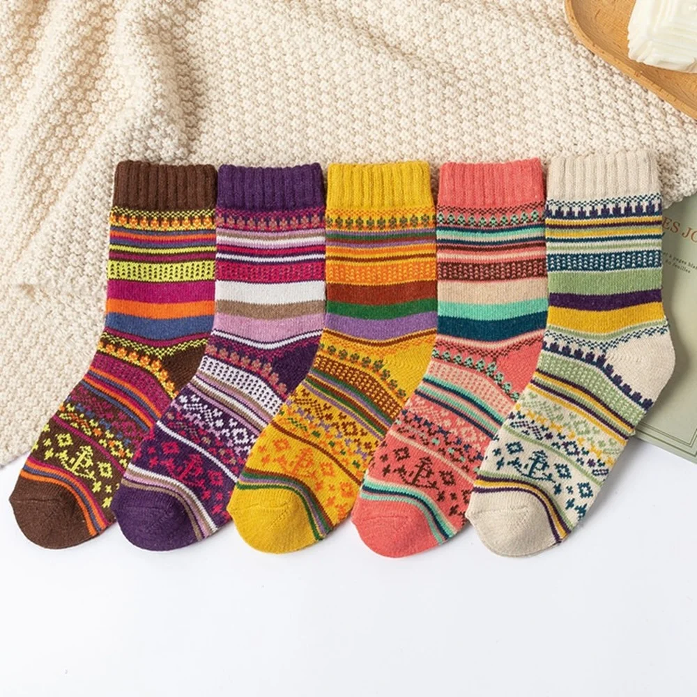 

5 Pairs Autumn and Winter New Colorful Striped Japanese Retro Literary Women Socks Female Medium Tube Warm Rabbit Wool Socks
