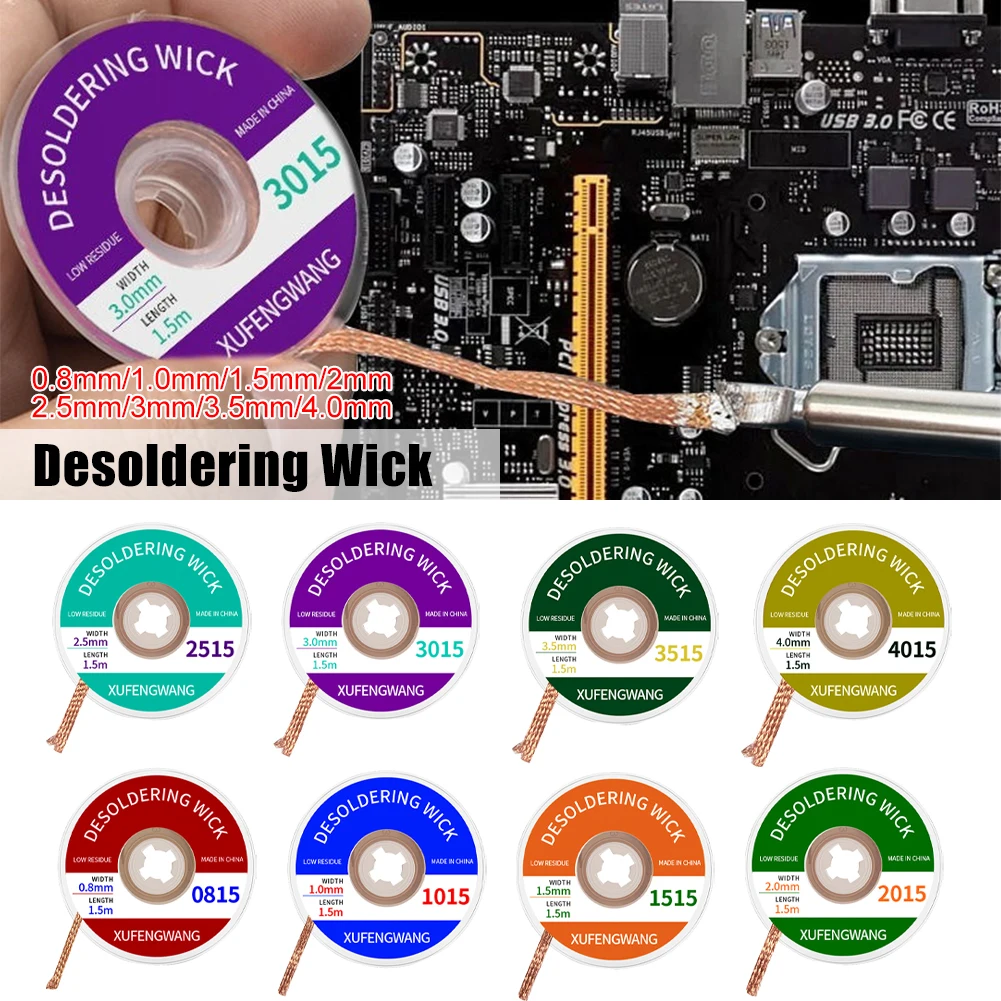 

1.5M Desoldering Braid Solder Remover Wick Wire Welding Tin Sucker Cable Lead Cord Flux Width 0.8mm 1.5/2/2.5/3/3.5/4 mm