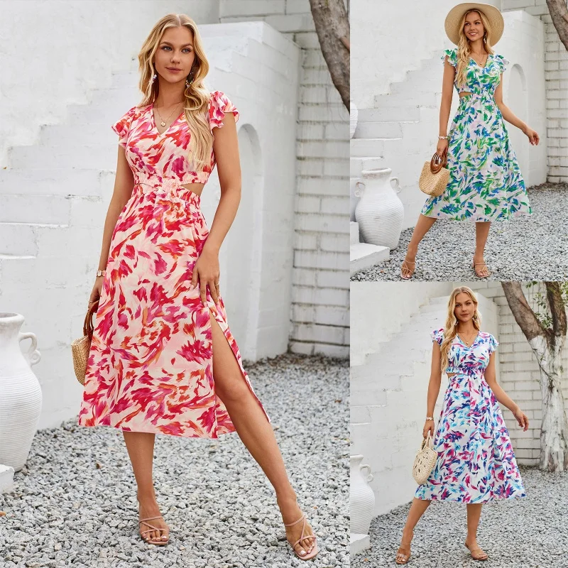 

SHAN-Independent Station New Casual Summer Women's Clothing24Fashionable PrintingVCollar Flying Sleeve Hollow Dress Women
