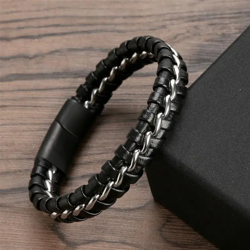 

New Fashion Men Braided Leather Bracelet Stainless Steel Magnetic Clasp Male Party Bangles Bracelets For Men Jewelry Wholesale