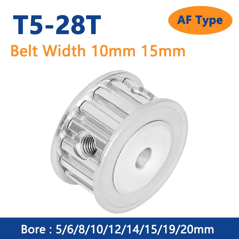 1pc 28 Teeth T5 Timing Pulley Bore 5 6 8 10 12 14 15 19 20mm for Width 10mm 15mm T5 Synchronous Belt 28T AF Type
1pc 28 Teeth T5 Timing Pulley Bore 5 6 8 10 12 14 15 19 20mm for Width 10mm 15mm T5 Synchronous Belt 28T AF Type