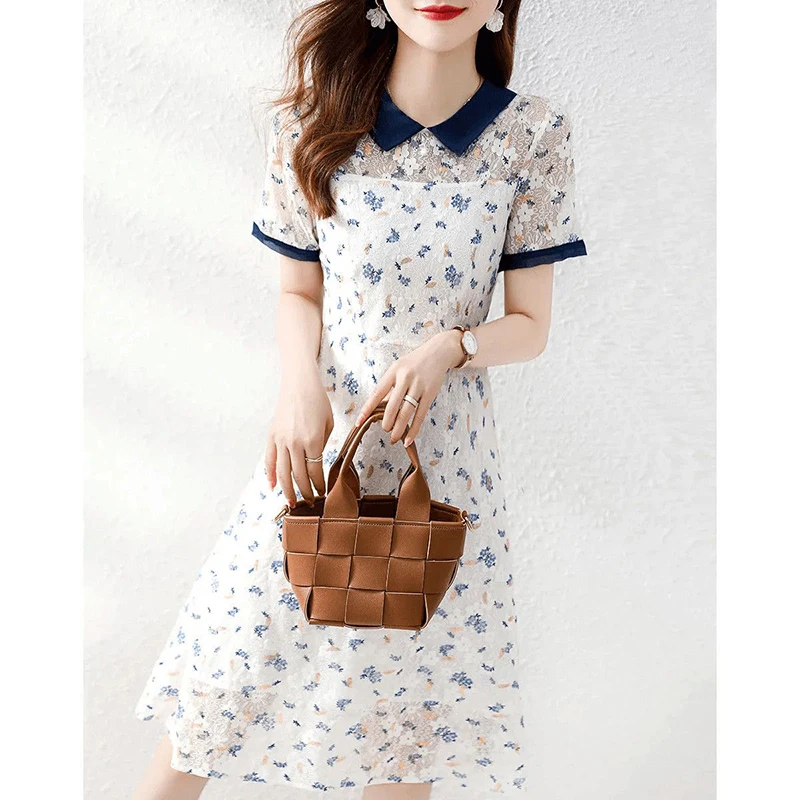 

Elegant Lapel Printed Spliced Bandage Puff Sleeve Lace Dress Women's Clothing 2024 Summer New Loose Office Lady Floral Dress