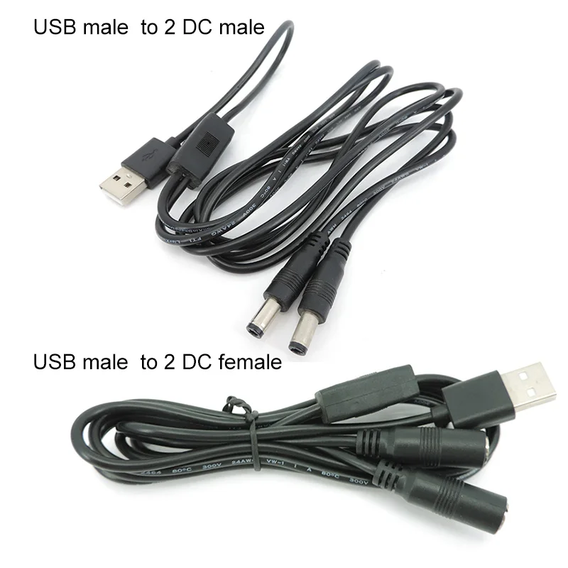 

1m 22awg 3A USB 2.0 male to 2 way DC male Female Male Splitter Cable plug 5.5x2.5mm Power supply Cord adapter Connector Strip C1