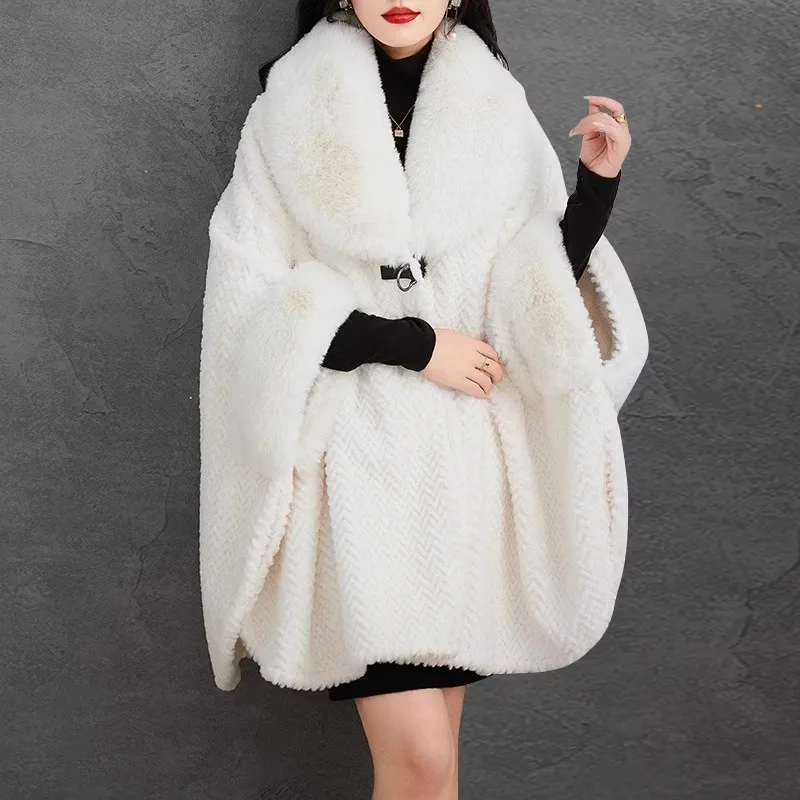 

6 Colors Winter Warm Velvet Striped Poncho Cape Batwing Sleeves Loose Cloak Women Faux Rabbit Fur Collar Big Pendulum Coat