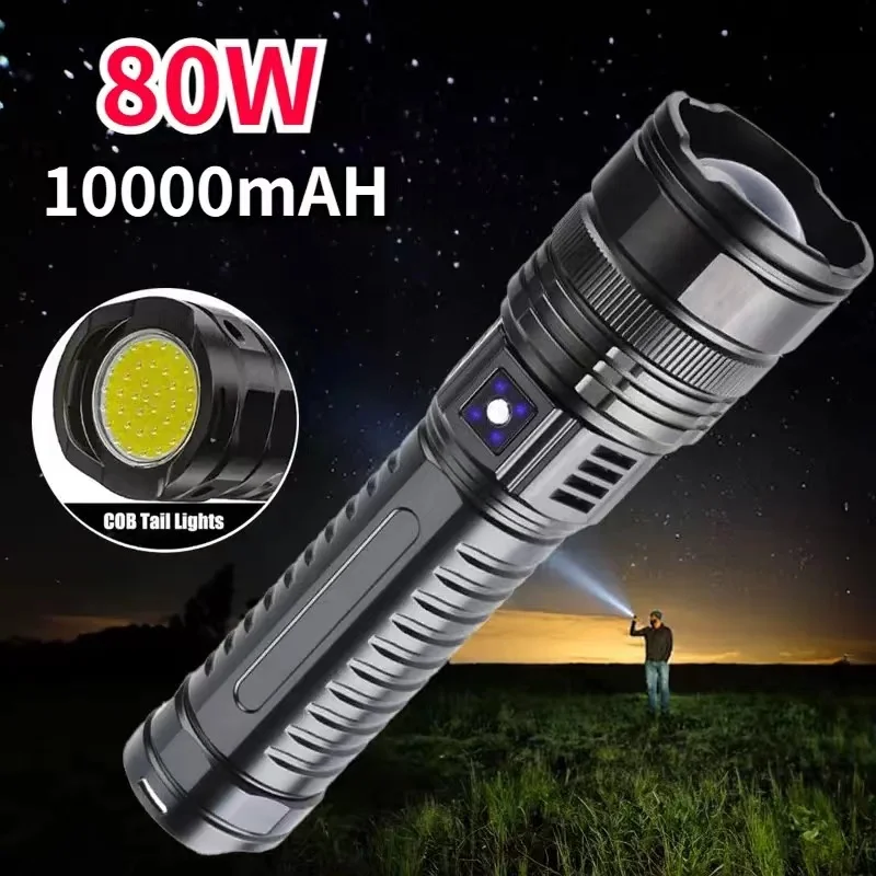 

Super 80W LED Flashlight Rechargeable Flash Light USB High Power LED Flashlights 15000mAh Zoom Tactical Lantern Long Shot Torch