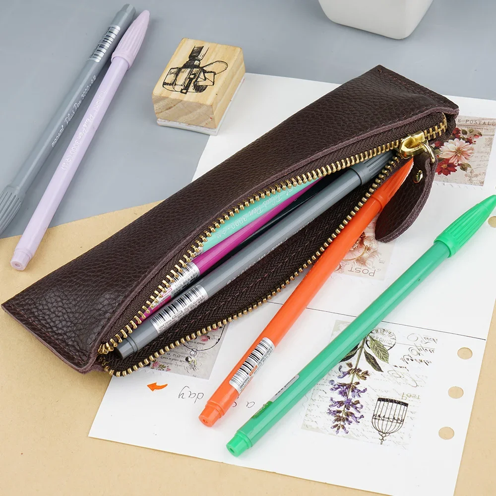 

Ручка-карандаш из натуральной кожи на молнии, блестящая зернистая кожаная креативная школьная канцелярия, вместительные аксессуары, чехол для ручек