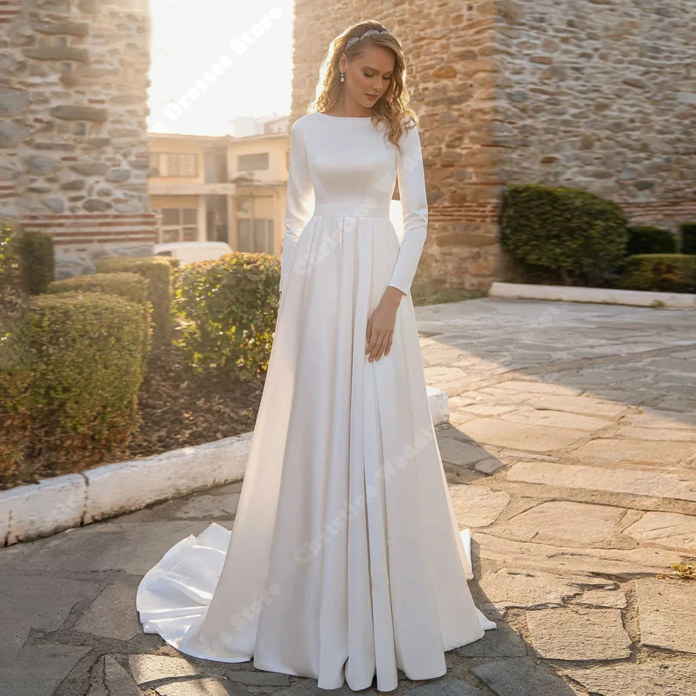 

Bohemian Smooth Satin Women Wedding Dresses Elegante Round-Neck Bridal Gowns Simplicity Mopping Length Vestidos De Noches 2024