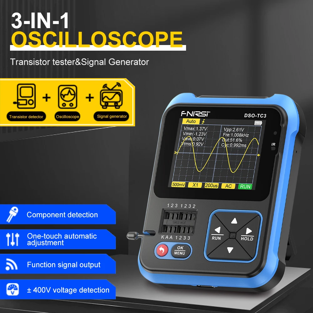 3 In 1 Handheld Digital Oscilloscope 2.4" Display Transistor Tester Signal Generator Multi-function Digital Scope Meter with Pro
3 In 1 Handheld Digital Oscilloscope 2.4" Display Transistor Tester Signal Generator Multi-function Digital Scope Meter with Pro