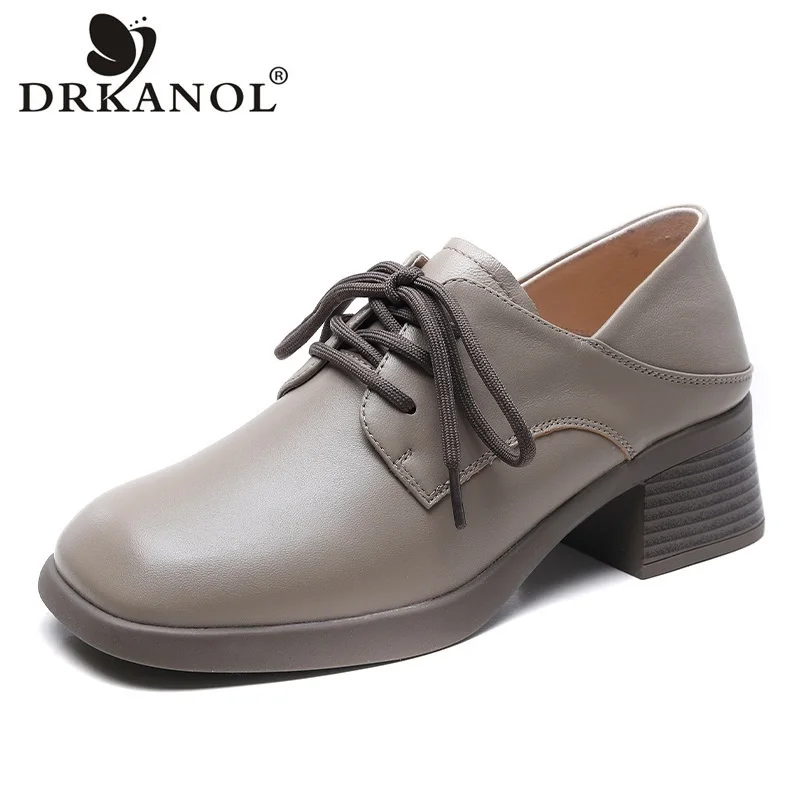 

DRKANOL Fashion Spring Women Pumps 2024 Genuine Leather Square Toed British Style Sheepskin Thick Heel Casual Single Shoes Black