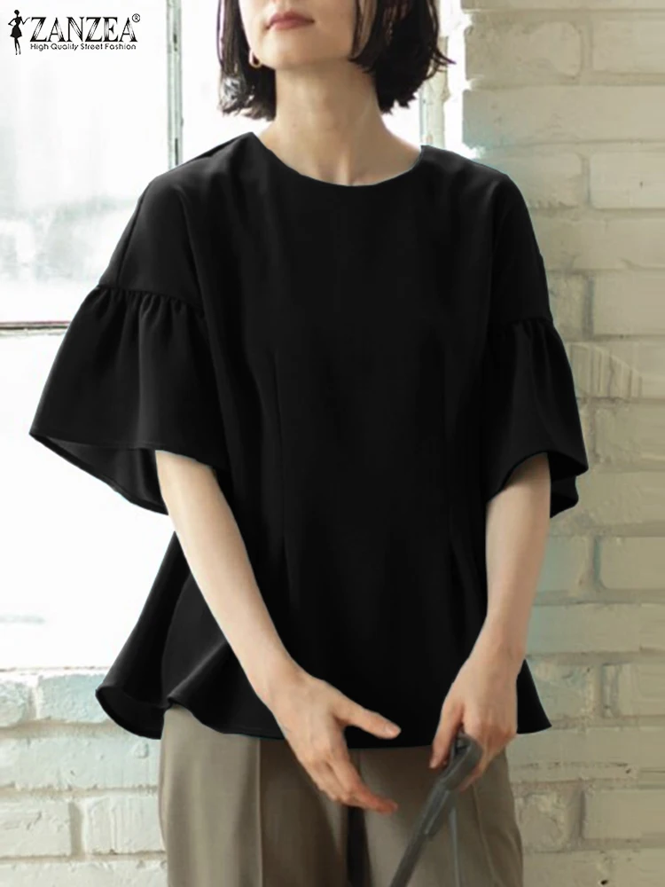 

ZANZEA Casual Loose Pleats All-match Shirt 2024 New Women Blouse Fashion Ruffles Half Sleeve Tops Vintage Solid Round Neck Tunic